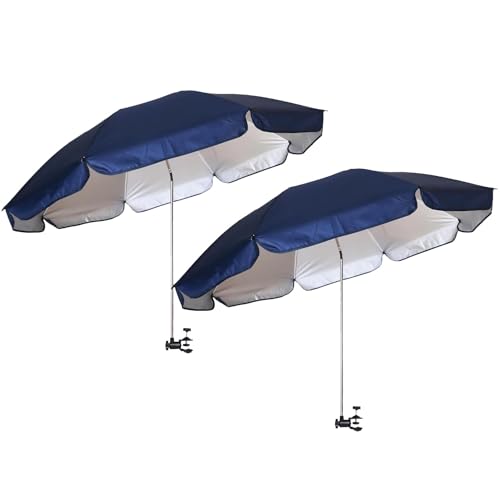 Image of AMMSUN XL Chair Umbrella with Universal Clamp Adjustable 47 inches and 360-degree Swivel UPF 50+, Portable Clamp on Camping or Beach Chair, Stroller, Wheelchair, Golf cart, Navy Blue, 2 PACK