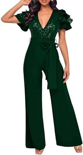 DinyIn Dark Green Sequin Jumpsuits for Women Dressy Summer Casual V Neck Short Sleeve Cocktail Club party Wide Leg Romper with Pockets 6457-Medium