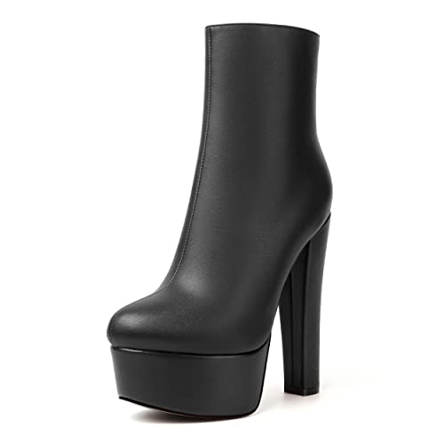MERRORI Womens Solid Round Toe Zip Platform Dress Office Matte Chunky High Heel Ankle High Boots 6 Inch