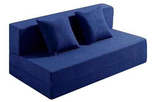 Image of Los Angeles Foldable Two Seater Sofa Cum Bed, Sofa Bed 4 X 6 Feet, Jute Fabric- Washable Cover- Including Two Cushion Perfect for Home & Office, Guest Room -Blue Color