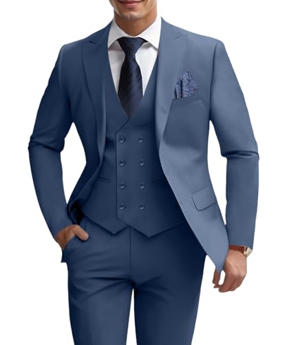3Piece Suit for Men Wedding Suit Business Suits Set Double Breasted Solid Jacket Vest Pants Tuxedo Grey Blue 2XL