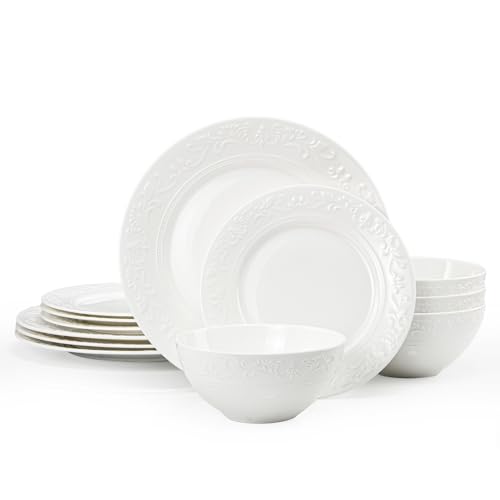 KINGSTONE 12Pcs Vintage Relief White Bone China Set, Service for 4
