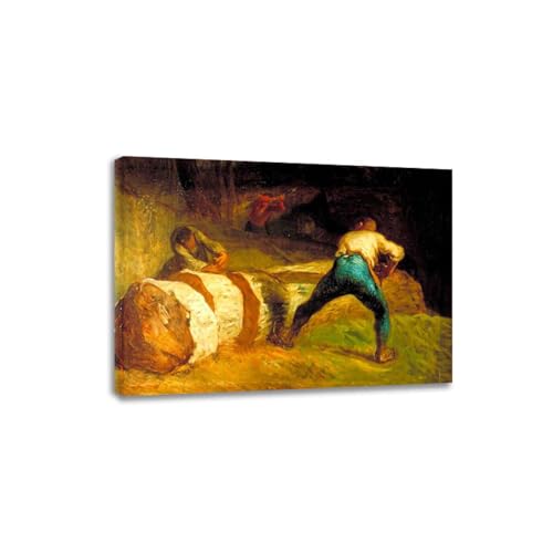FITSEN The Wood Sawyers By Jean-François Millet Oil Painting Reproductions Canvas Prints landscape Canvas Wall Art for Living Room 80x112cm Framed