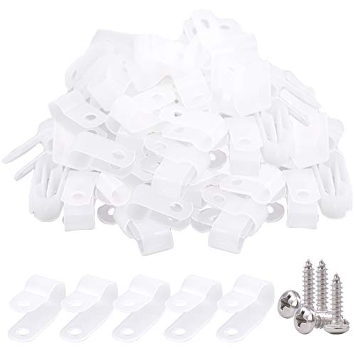 Glarks 120 piezas de 3/8 pulgadas de nylon blanco de montaje de tornillo tipo R abrazadera de alambre con 120 tornillos para cable, conducto y kit de conducto de cable (blanco)