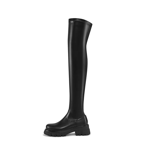 Women Thick sole Round toe Black Side Zippers Thigh High Boots Ladies Solid Elastic Over Knee High Boots