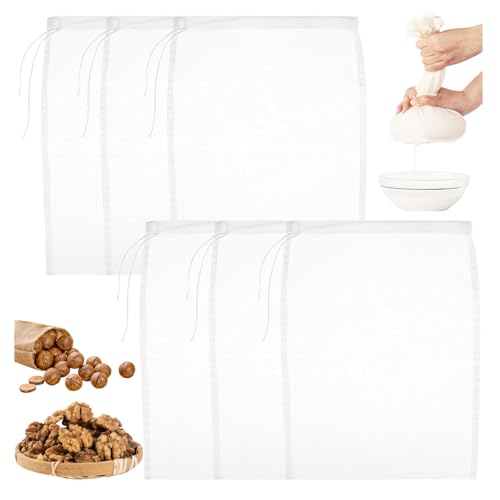 SoeUyd 6 Piezas Bolsa de Colador Reutilizable, Bolsas de Leche de Nueces, Filtro Leche Vegetal de Nailon, Apto para Leches de Frutos Secos, Zumos Frutas, Leche Soja, Café, Zumos Verduras (en Bolsas)