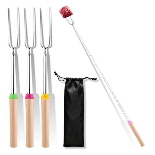 4 Pack Marshmallow Toasting Forks – Extendable Stainless Steel Roasting Sticks for Fire Pit, BBQ & Campfire – Retractable S’Mores Kit Accessories for Marshmallows & Hot Dogs