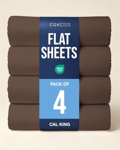 Cal King Size Flat Sheet - Pack of 4 Top Flat Bed Sheet Only - Brown
