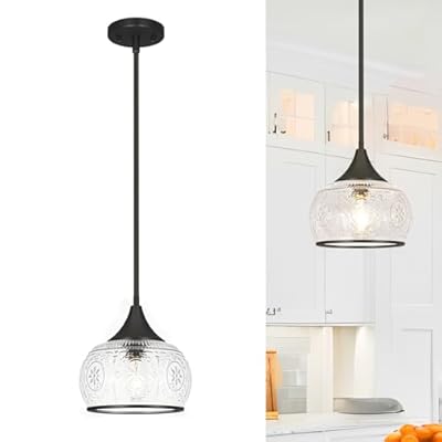 OIYIO Black Pendant Light - Modern Pendant Lights Kitchen Island with Handblown Glass, Vintage Hanging Light for Kitchen with Adjustable Height, Lithging Fixture for Dining Room Sink