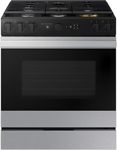 Samsung BESPOKE 30' Smart Slide-In Gas Range with 6.0 cu ft Convection+ Oven, 5 Burners including 18K BTU Brass Burner, Air Fry & Air Sous Vide, Wi‑Fi SmartThings, Stainless Steel – NSG6DG8500SR