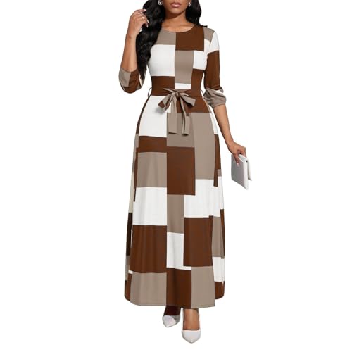 Image of Maxi Dresses for Women Casual Long Sleeve Crewneck Floor Length Dress | Floral Print,Swing,Soft Fabric,with Belt and Pockets