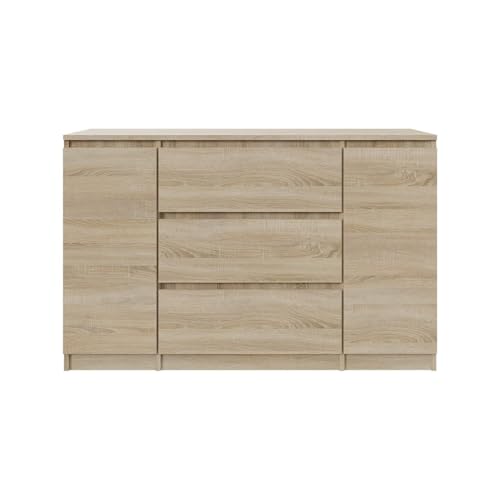 SoDREAMER Kommode 2 Türen 3 Schubladen 120 cm| Farbe: Sonoma-Eiche, Ideal für Schlafzimmer, Wohnzimmer, Kinderzimmer und Büro | Große geräumige Kommode | 120x75x40 cm