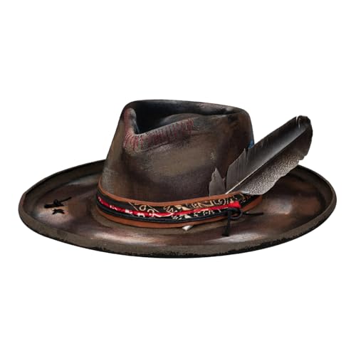 Image of RUEDIGER Vintage Pencil Brim Fedora Hats 100% Wool Felt Hat Panama Rancher Hat with Lightning Logo Handmade Distressed /Burned