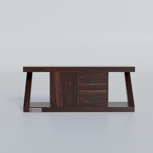 Image of DRIFTINGWOOD Zenith Modern Z-Shape TV Console for Up to 50 Inch TV, Solid Sheesham Wood Media Stand with 3 Storage Compartments (1 Cabinet, 2 Drawers), Walnut Finish