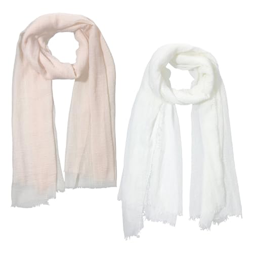 Cotton Blend Crinkle Vintage Soft Scarf Lightweight Summer Shawl Wrap for Linen Feel White Travel Beach Fringed Edges