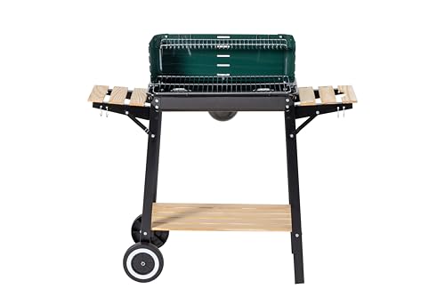 Aro Holzkohle GrillwagenGrün, Stahl/Holz, 2 Grillroste und 2 Seitenablagen, Holzgriffe, mit 2 Räder und Windschutz, perf