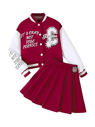 Image of GORGLITTER Girl's 2 Piece Letter Graphic Bomber Varsity Jacket and Pleated Skirt Sets Burgundy 9Y