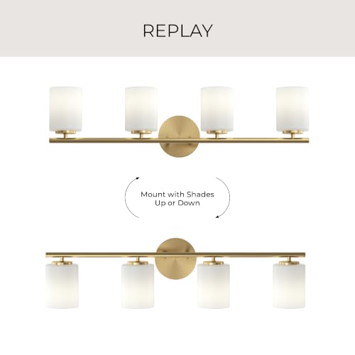 Image of Progress Lighting Replay 31.125 Inch 4-Light Vanity Light, Transitional, Brushed Gold with Etched Glass Shades, (7.875 inch H x 31.125 inch W x 6 inch D), P2160-191