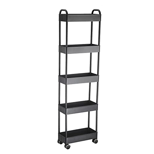 SEEZSSA Schlanker Beauty-Trolley, 5-stöckiger Metall-Aufbewahrungswagen auf Rädern, herausziehbarer Rollwagen, schmales Regal, Aufbewahrungs-Organizer für Küche, Badezimmer, Wäsche, Büro, Schwarz Cover