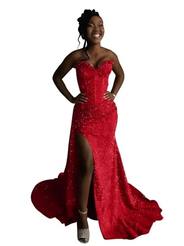 Mmufk Mermaid Prom Dresses for Teens Strapless Corset Pleated Sparkly Sequin Ball Gowns Cocktail Dress with Slit Red Size 0