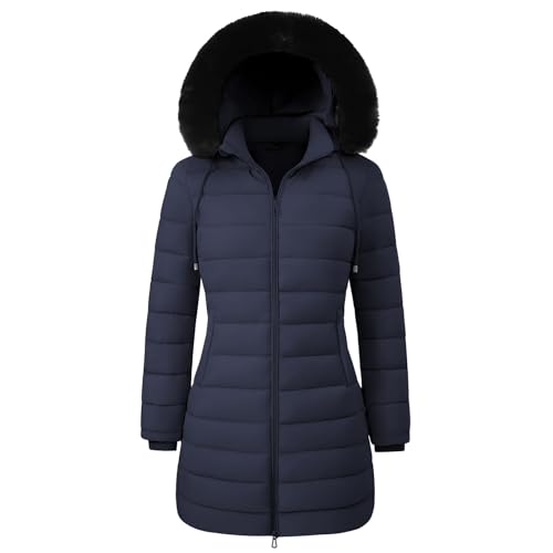RITOSTA Mantel Damen Winter Steppmantel Lang Wintermantel Warm Winterjacke mit Kapuze Parka Damen-Jacken Puffer Kapuzenmantel Winterparka Outdoorjacke mit Taschen(Marine,M)