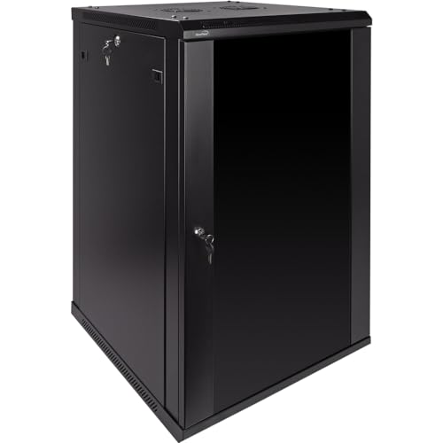 Image of NavePoint 18U Server Rack Enclosure - 23.6 inch Deep, Wall Mount Network Cabinet with Locking Glass Door for 19 inch IT Equipment, Network Rack with 2 Fans, Removable Side Panels, Black