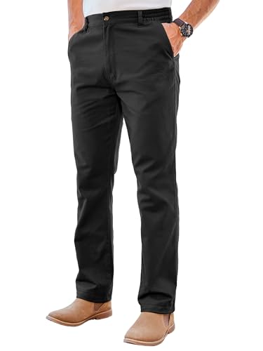 PLEPAN Men's Chino Pants Khaki - Stretch Waist Slim Fit Casual Trousers for Work Black 42W-30L