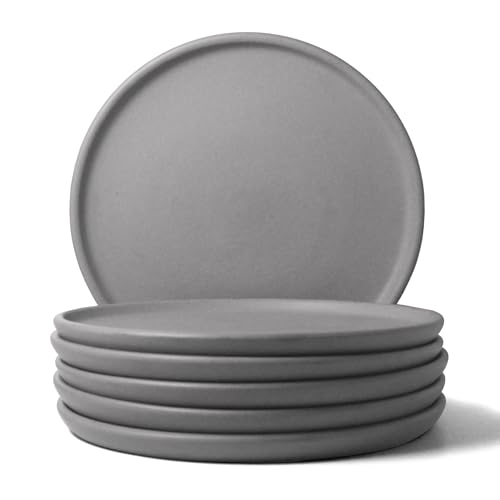 Image of Ceramic Dinner Plates, 6 Pcs | Rim Plate for Easy Eating | Microwave, Oven, Dishwasher Safe | Set of 6 Ceramic Plates for Dinner | Handmade | (Pebble Grey, Set of 6 Dinner Plates)