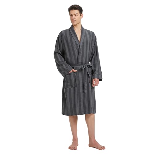 Image of FashGudim Mens Buffalo Plaid Cotton Robe Lightweight Bathrobe Shawl Collar Kimono Sleepwear Loungewear House Robes