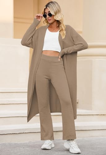 Image of Fixmatti Women's Fuzzy 3 Piece Sweatsuit Open Front Cardigan Crop Tank Tops Wide Legs Pants Lounge Sets