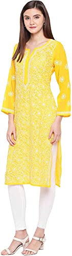 Ada Georgette Kurta Kurti Vestido túnica indio Chikankari bordado a mano A100288, 4XL, amarillo, amarillo, XXXX-Large
