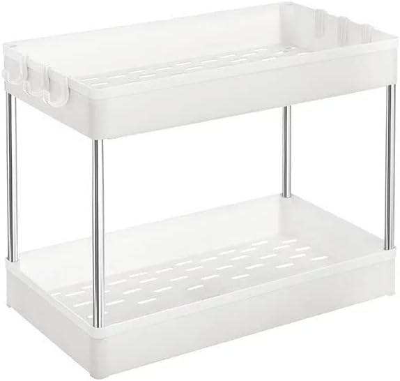 Cabinet accessories organizer, Under Bathroom Cabinet Storage 2 Tier Under Sink Storage Rack with 6 Hooks, Under Cabinet Organizer Basket, Multi Purpose Under Sink Shelf Organizer for Bathroom (White)