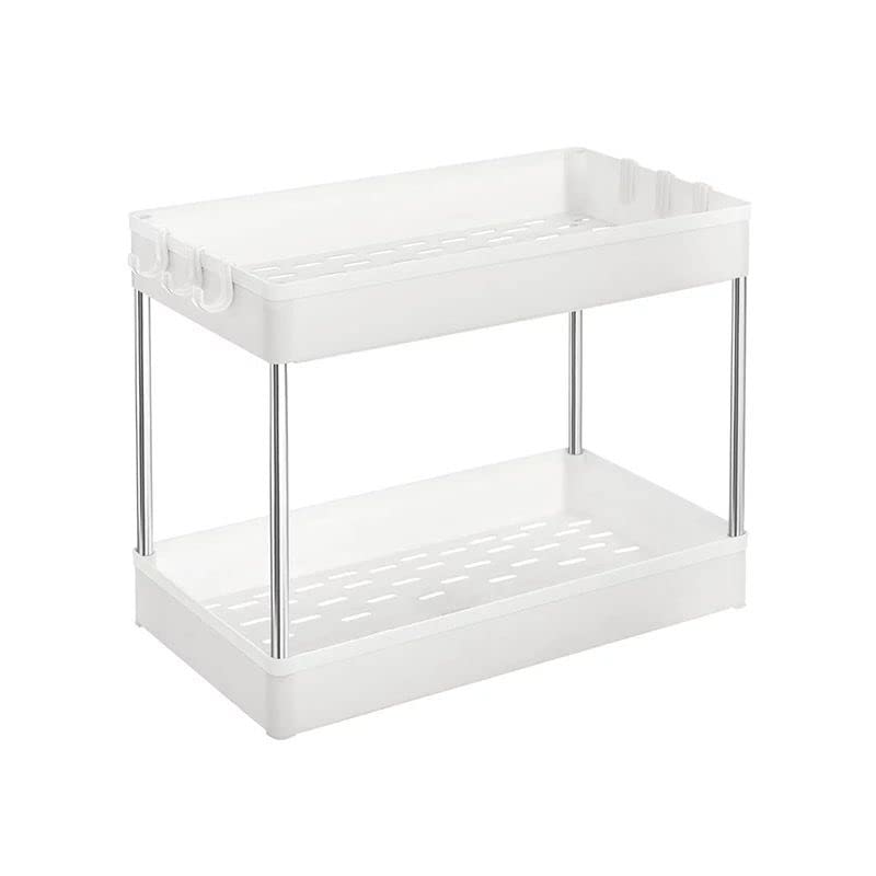 Cabinet accessories organizer, Under Bathroom Cabinet Storage 2 Tier Under Sink Storage Rack with 6 Hooks, Under Cabinet Organizer Basket, Multi Purpose Under Sink Shelf Organizer for Bathroom (White)
