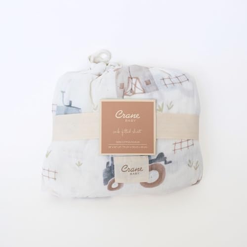 Image of Crane Baby Charlie Farmhouse Tractor Crib Fitted Sheet, 100% Cotton Baby Bed Sheets, Farm Nursery Decor, Crib Sheets for Boys, Baby Registry Gift, Tractor Nursery Decor