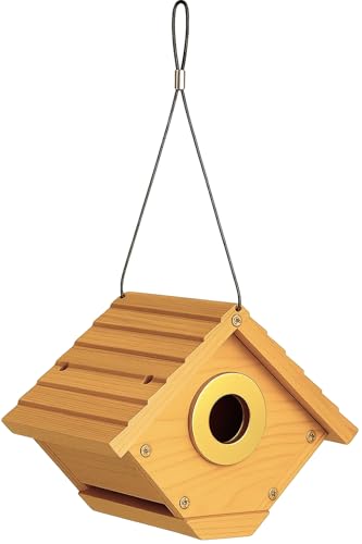 Wren Bird Houses for Outside, Golden Metal Hole Plate, Hanging Birdhouse for Outdoor, Cedar Wood Nest Box for Jay Wrens and Chickadees, Brass Entrance Stainless Cable Longtime Lasting