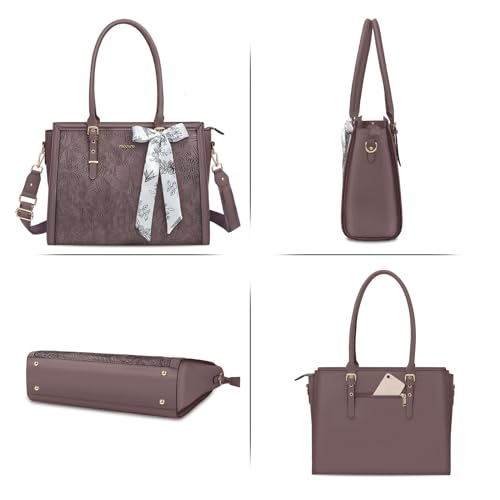 MOSISO Laptop Bag for Women, 15.6-16 inch PU Leather Tote Bag Compatible with MacBook, HP, Dell, Asus Notebook, Front Embossed Retro Hibiscus Computer Bag with Silk Scarf&Clutch Purse, Slate Purple