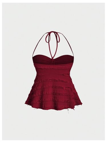 SHENHE Women's Babydoll Tops Halter Neck Strapless Lace Trim Drawstring Going Out Peplum Tops2