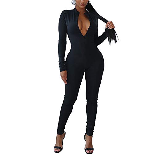 LuFeng Women's Long Sleeve High Neck Zipper Bodycon Tight Full Length Jumpsuits Rompers One Piece Outfits Black