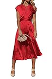 PRETTYGARDEN Women's 2024 Summer Satin Midi Dress Cap Sleeve Tie Waist Elegant A-Line Flowy Dresses (Red,X-Large)