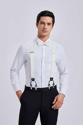 Image of HISDERN Suspenders for Men Paisley Floral Bow tie Suspender Pocket Square Sets Adjustable Y Shape 6 Clips Wedding Braces
