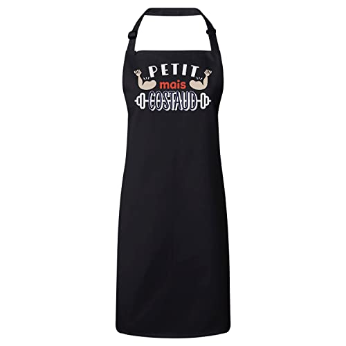 Tablier de cuisine pour sportif anti taches avec motif haltères et texte Petit Mais Costaud