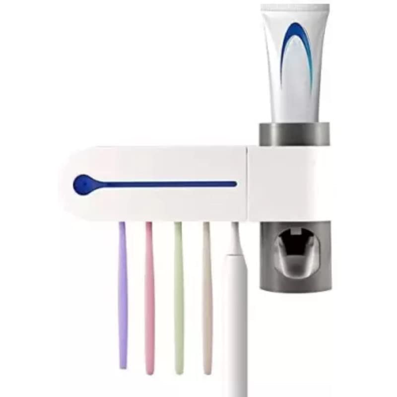 Exxelo Metallic Fiber UV Toothbrush Holder & Automatic Toothpaste Dispenser – Wall Mounted 5-Slot UV Sterilizer with Toothpaste Organizer, Hygienic & Space-Saving Bathroom Accessory (White & Grey)