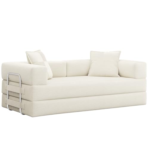 GRUSIGN 78 Inch Convertible Sofa Bed, 5-in-1 Futon Sofa Bed Pull Out Couch, Boneless Couch Bed for Living Room, Corduroy Boneless Couches for Bedroom, Apartment, No Assembly Sleeper Sofa Bed, Beige