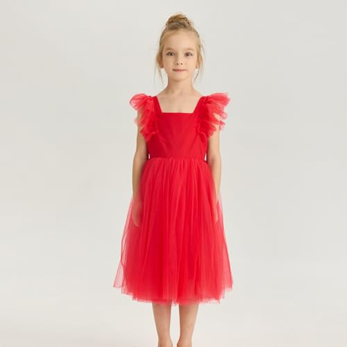 Image of Tutu.kk Toddler Girls Vintage Party Dress Ruffled Sleeve A-Line Tulle Flower Girl Dresses for Wedding,Birthday