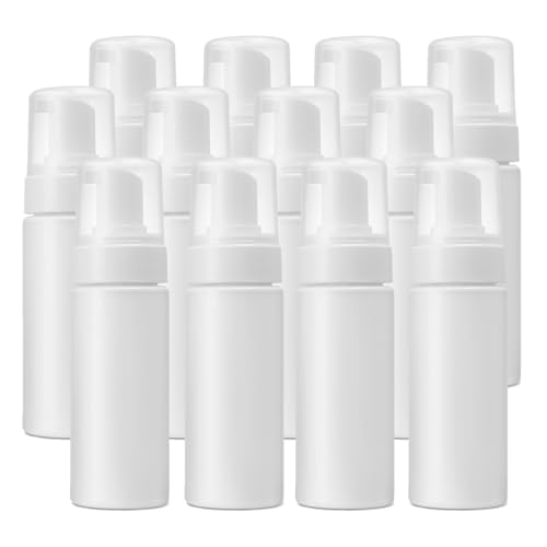 12-Pack White Foaming Pump Bottles - Empty Foaming Liquid Soap Dispensers - for Refillable Travel Hand Soap Shampoo Foaming Castile Cosmetics - BPA Free (163ml/5.5oz) (White)