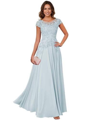 Image of Lace Applique Chiffon Mother of Bride Dresses - Short Sleeve Pleated Long Mother of The Groom Dress