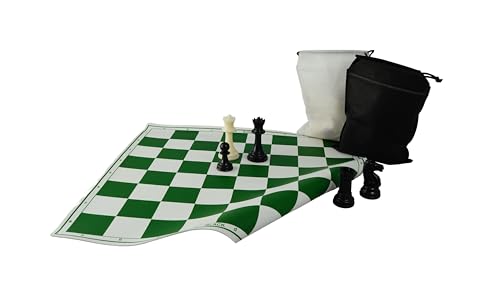 Image of 18'' X 18'' Professional Tournament Chess Set with Green Vinyl Foldable Chess Board Game with Solid Plastic Pieces with Extra Queens and Black Bag
