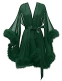 Changuan Sexy Feather Robe Illusion Fur Trim Boudoir Robe Nightgown Bathrobe Bridal Lingerie Wedding Scarf Emerald Green L/XL