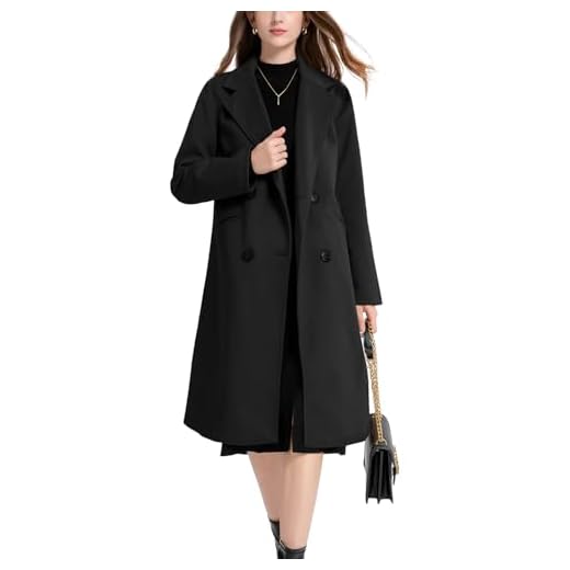 Sukany Manteau d'hiver en laine mélangée pour femme, revers cranté, double boutonnage, décontracté, mi-long, caban, trench, vêtements d'extérieur, Noir , S