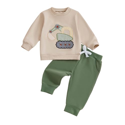 Toddler Baby Boy Fall Winter Outfit Excavator Embroidered Long Sleeve Sweatshirt Elastic Jogger Pant 2 Pcs Clothes - Main Image